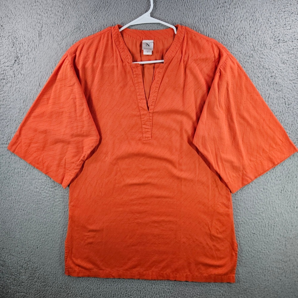 Natori Orange Cotton Tunic Top Women Small Kimono Sleeve Textured Split Neck